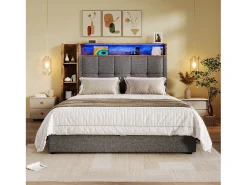 Cama estofada com arrumação - 90 x 200 cm - com porta USB, luzes LED, cabeceira e prateleira de arrumação - linho - cinzento