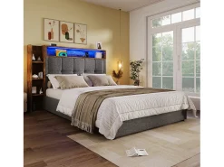 Cama estofada com arrumação - 90 x 200 cm - com porta USB, luzes LED, cabeceira e prateleira de arrumação - linho - cinzento