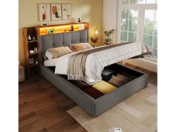 Cama estofada com arrumação - 90 x 200 cm - com porta USB, luzes LED, cabeceira e prateleira de arrumação - linho - cinzento