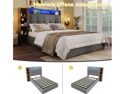 Cama estofada com arrumação - 90 x 200 cm - com porta USB, luzes LED, cabeceira e prateleira de arrumação - linho - cinzento