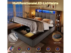 Cama estofada com arrumação - 90 x 200 cm - com porta USB, luzes LED, cabeceira e prateleira de arrumação - linho - cinzento