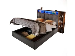 Cama estofada com arrumação - 90 x 200 cm - com porta USB, luzes LED, cabeceira e prateleira de arrumação - linho - cinzento