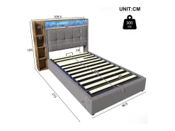 Cama estofada com arrumação - 90 x 200 cm - com porta USB, luzes LED, cabeceira e prateleira de arrumação - linho - cinzento