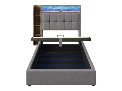 Cama estofada com arrumação - 90 x 200 cm - com porta USB, luzes LED, cabeceira e prateleira de arrumação - linho - cinzento
