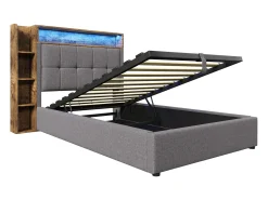 Cama estofada com arrumação - 90 x 200 cm - com porta USB, luzes LED, cabeceira e prateleira de arrumação - linho - cinzento