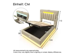 Cama estofada com arrumação - 90 x 200 cm - cabeceira com arrumação e USB e Tipo C - com LEDs - com colchão - linho - bege