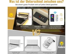 Cama estofada com arrumação - 90 x 200 cm - cabeceira com arrumação e USB e Tipo C - com LEDs - com colchão - linho - bege