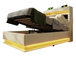 Cama estofada com arrumação - 90 x 200 cm - cabeceira com arrumação e USB e Tipo C - com LEDs - com colchão - linho - bege