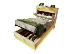 Cama estofada com arrumação - 90 x 200 cm - cabeceira com arrumação e USB e Tipo C - com LEDs - com colchão - linho - bege