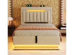 Cama estofada com arrumação - 90 x 200 cm - cabeceira com arrumação e USB e Tipo C - com LEDs - com colchão - linho - bege