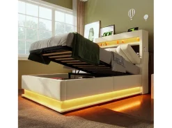 Cama estofada com arrumação - 90 x 200 cm - cabeceira com arrumação e USB e Tipo C - com LEDs - com colchão - linho - bege