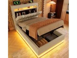 Cama estofada com arrumação - 90 x 200 cm - cabeceira com arrumação e USB e Tipo C - com LEDs - com colchão - linho - bege