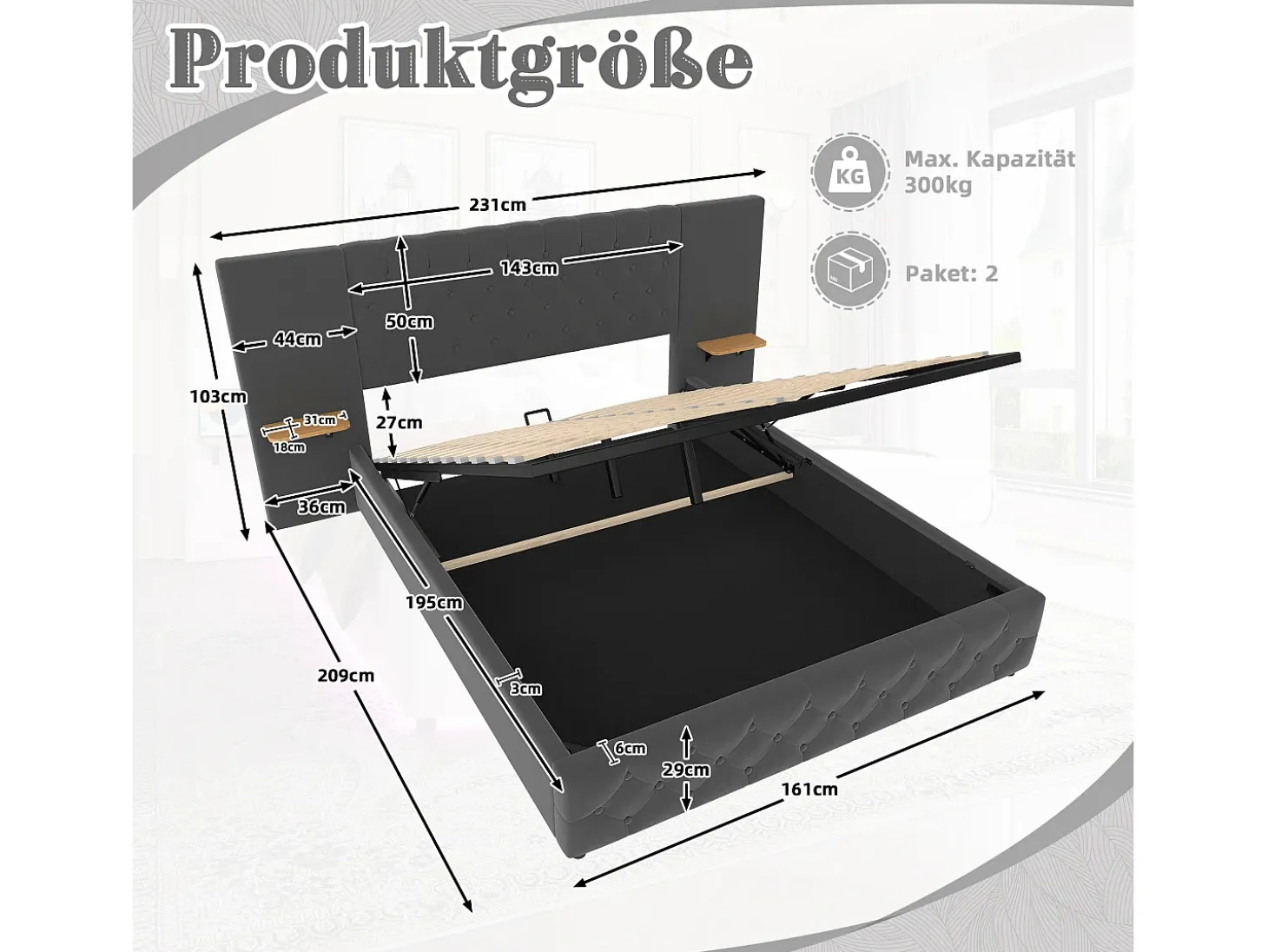 Cama estofada com compartimento de arrumação - 160 x 200 cm - com cabeceira larga + LEDs + porta USB - Cama com gavetas hidráulicas - veludo - cinza
