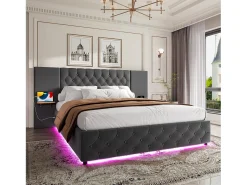 Cama estofada com compartimento de arrumação - 160 x 200 cm - com cabeceira larga + LEDs + porta USB - Cama com gavetas hidráulicas - veludo - cinza