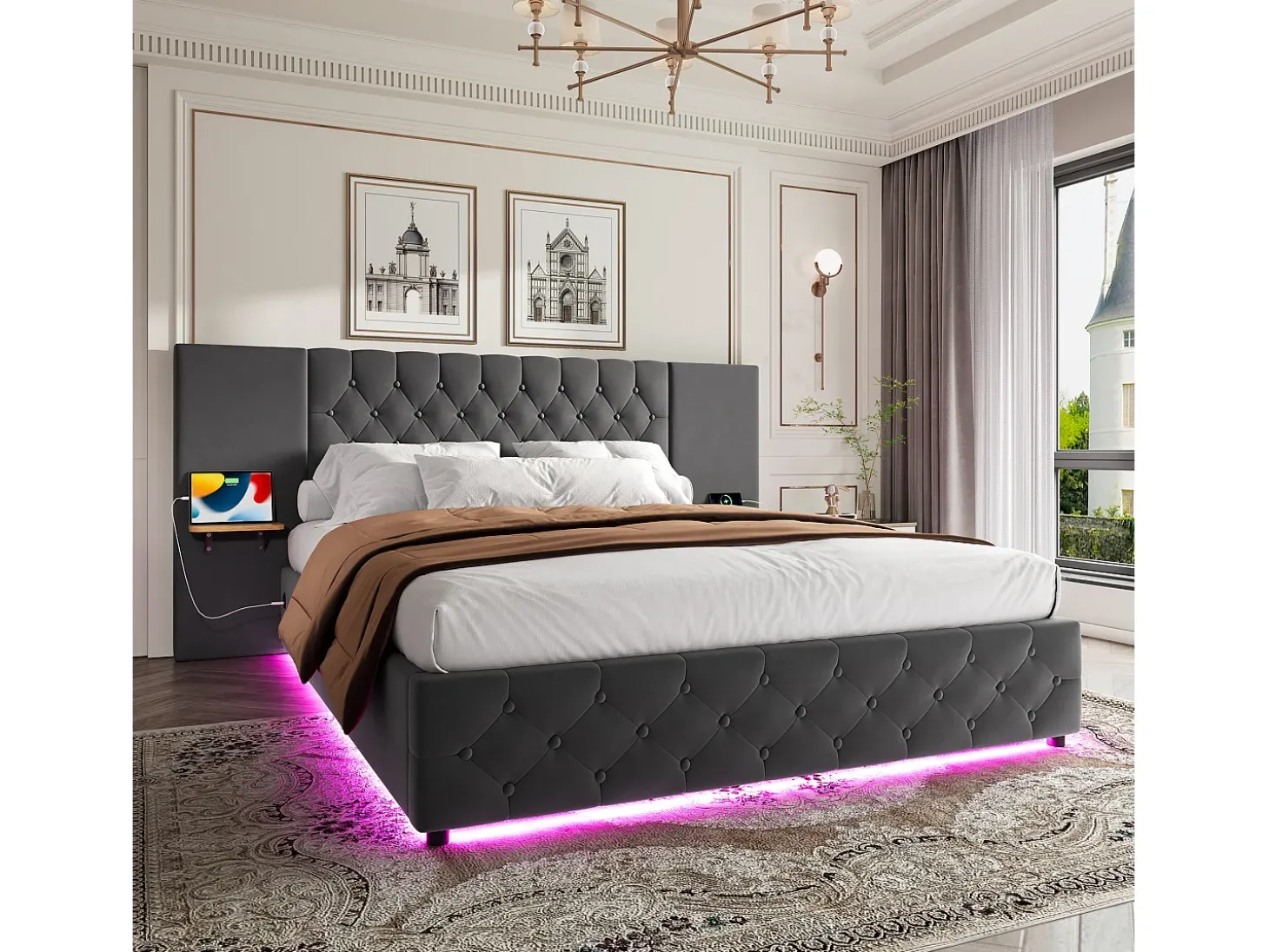 Cama estofada com compartimento de arrumação - 160 x 200 cm - com cabeceira larga + LEDs + porta USB - Cama com gavetas hidráulicas - veludo - cinza
