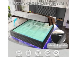 Cama estofada com compartimento de arrumação - 160 x 200 cm - com cabeceira larga + LEDs + porta USB - Cama com gavetas hidráulicas - veludo - cinza