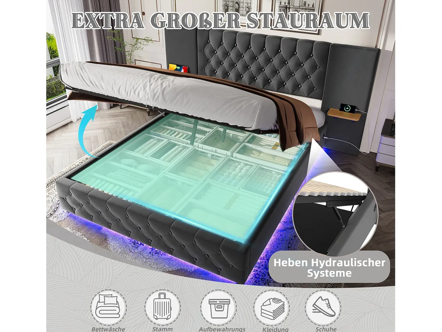 Cama estofada com compartimento de arrumação - 160 x 200 cm - com cabeceira larga + LEDs + porta USB - Cama com gavetas hidráulicas - veludo - cinza