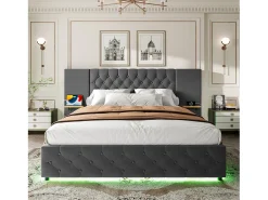 Cama estofada com compartimento de arrumação - 160 x 200 cm - com cabeceira larga + LEDs + porta USB - Cama com gavetas hidráulicas - veludo - cinza