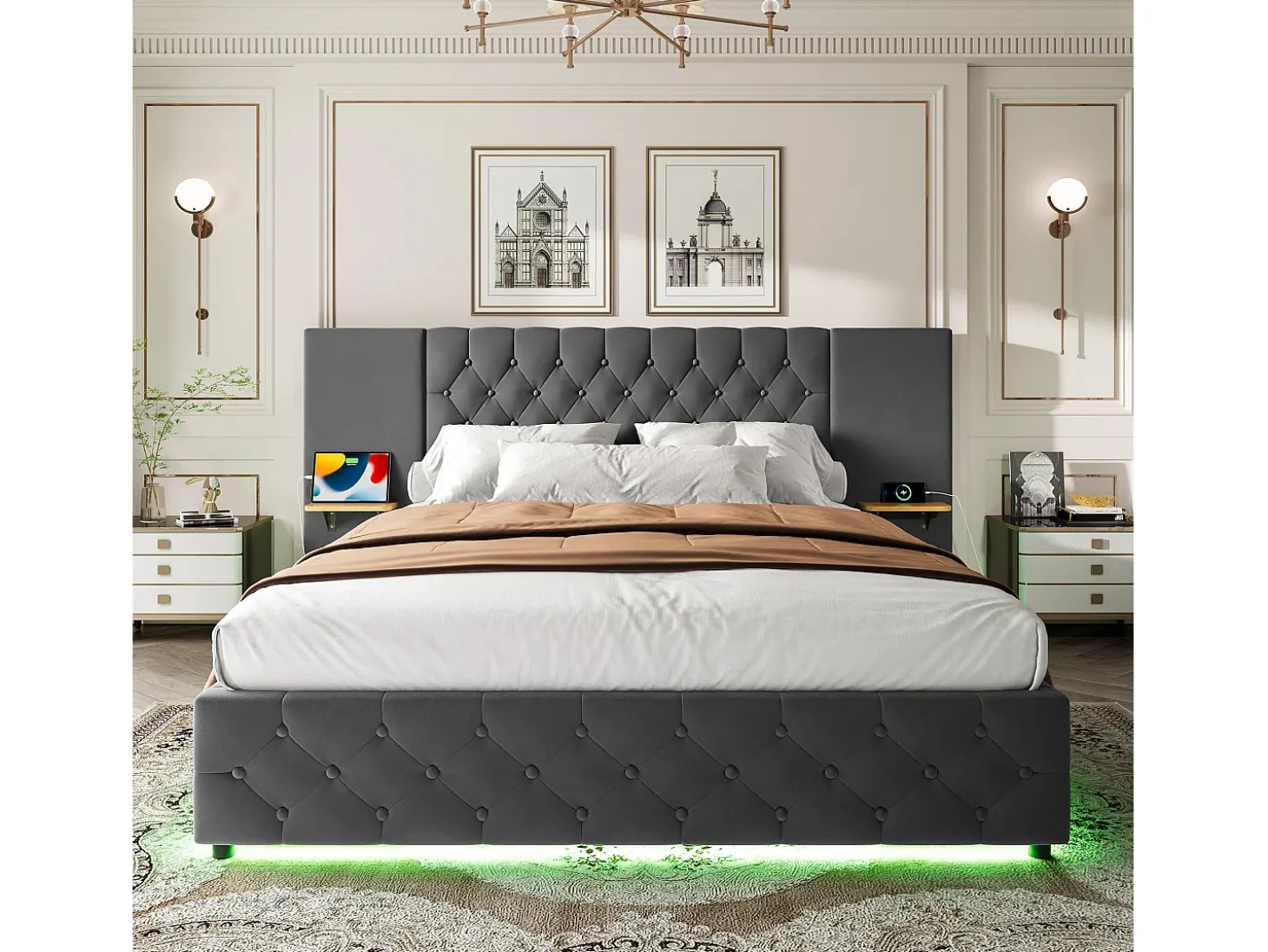 Cama estofada com compartimento de arrumação - 160 x 200 cm - com cabeceira larga + LEDs + porta USB - Cama com gavetas hidráulicas - veludo - cinza