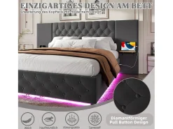Cama estofada com compartimento de arrumação - 160 x 200 cm - com cabeceira larga + LEDs + porta USB - Cama com gavetas hidráulicas - veludo - cinza