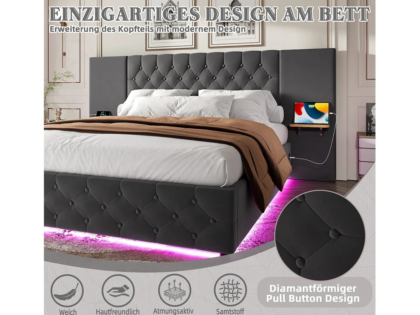 Cama estofada com compartimento de arrumação - 160 x 200 cm - com cabeceira larga + LEDs + porta USB - Cama com gavetas hidráulicas - veludo - cinza