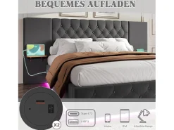 Cama estofada com compartimento de arrumação - 160 x 200 cm - com cabeceira larga + LEDs + porta USB - Cama com gavetas hidráulicas - veludo - cinza