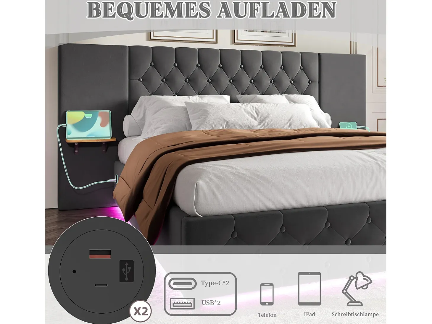 Cama estofada com compartimento de arrumação - 160 x 200 cm - com cabeceira larga + LEDs + porta USB - Cama com gavetas hidráulicas - veludo - cinza