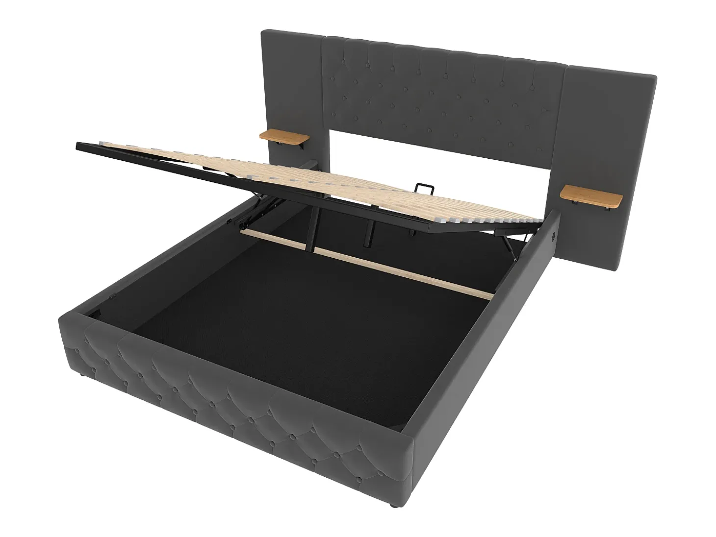 Cama estofada com compartimento de arrumação - 160 x 200 cm - com cabeceira larga + LEDs + porta USB - Cama com gavetas hidráulicas - veludo - cinza