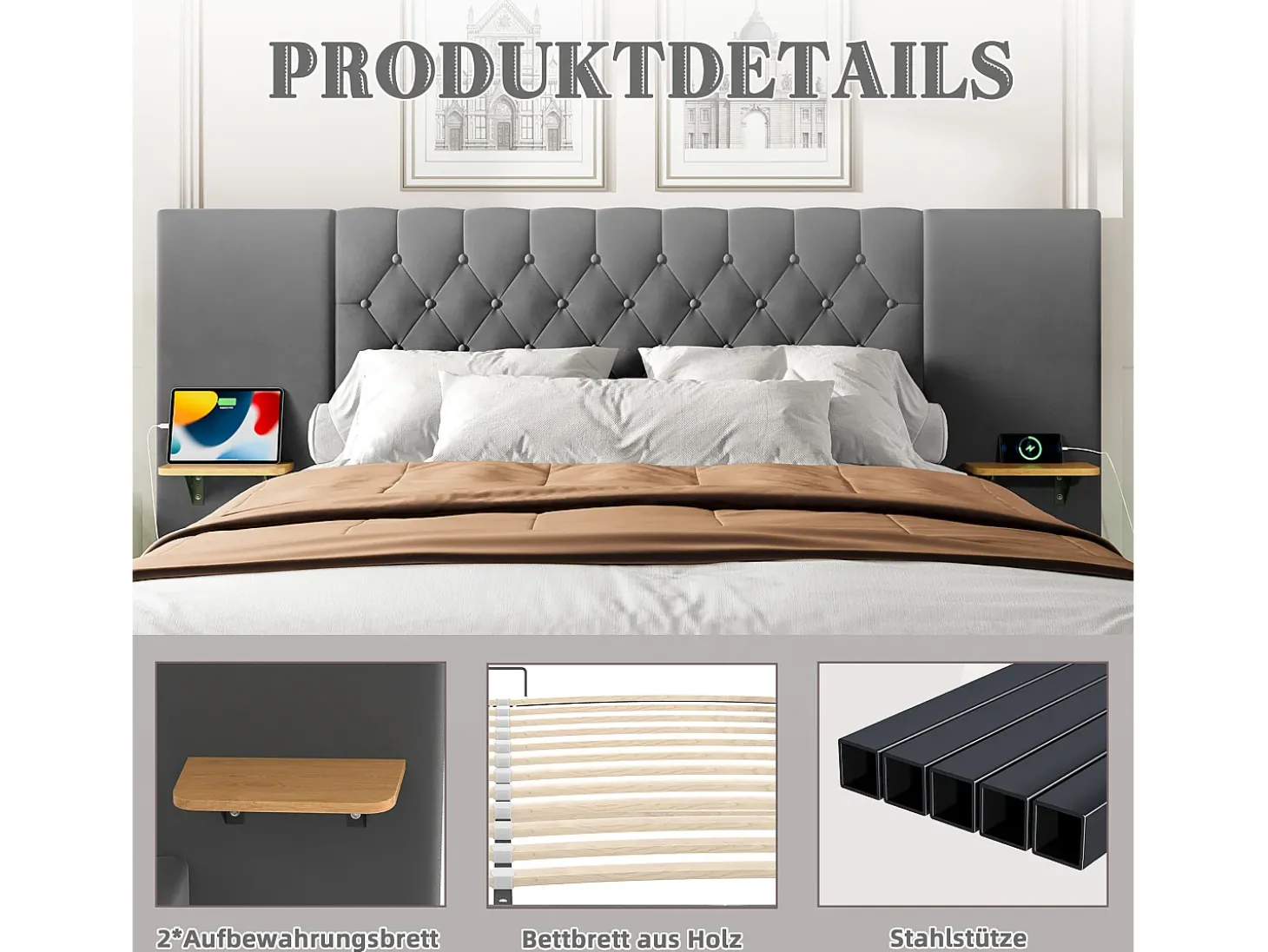 Cama estofada com compartimento de arrumação - 160 x 200 cm - com cabeceira larga + LEDs + porta USB - Cama com gavetas hidráulicas - veludo - cinza