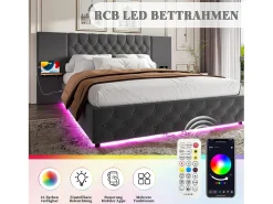 Cama estofada com compartimento de arrumação - 160 x 200 cm - com cabeceira larga + LEDs + porta USB - Cama com gavetas hidráulicas - veludo - cinza