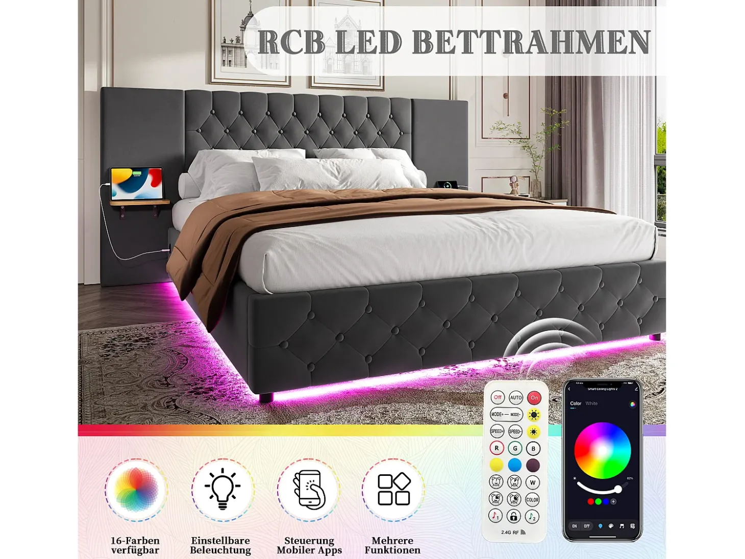 Cama estofada com compartimento de arrumação - 160 x 200 cm - com cabeceira larga + LEDs + porta USB - Cama com gavetas hidráulicas - veludo - cinza