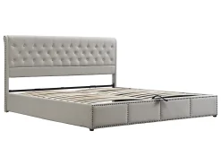 Cama estofada de linho - decorada com rebites - com base de ripas - 160x200cm - Cinza claro