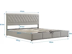 Cama estofada de linho - decorada com rebites - com base de ripas - 160x200cm - Cinza claro