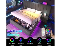 Cama estofada em linho 160×200cm - com LED e carregamento - com base de ripas - Cinza