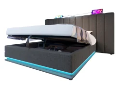 Cama estofada em linho 160×200cm - com LED e carregamento - com base de ripas - Cinza