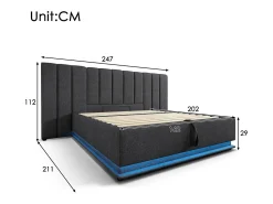 Cama estofada em linho 160×200cm - com LED e carregamento - com base de ripas - Cinza