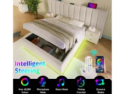 Cama estofada em linho 160×200cm - com LED e carregamento - com base de ripas - Bege