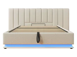 Cama estofada em linho 160×200cm - com LED e carregamento - com base de ripas - Bege