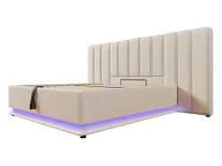 Cama estofada em linho 160×200cm - com LED e carregamento - com base de ripas - Bege