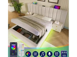 Cama estofada em linho 180×200cm - com LED e carregamento - com base de ripas - Bege