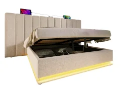 Cama estofada em linho 180×200cm - com LED e carregamento - com base de ripas - Bege