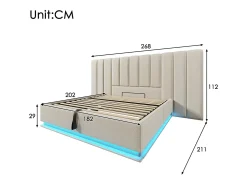 Cama estofada em linho 180×200cm - com LED e carregamento - com base de ripas - Bege
