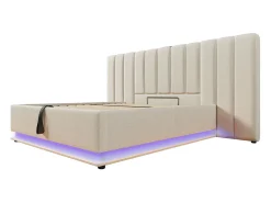 Cama estofada em linho 180×200cm - com LED e carregamento - com base de ripas - Bege