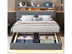 Cama estofada em linho 140x200 cm - com tomada USB e LED - Cinza