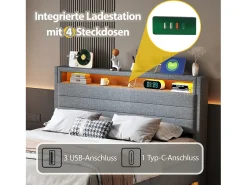 Cama estofada em linho 140x200 cm - com tomada USB e LED - Cinza