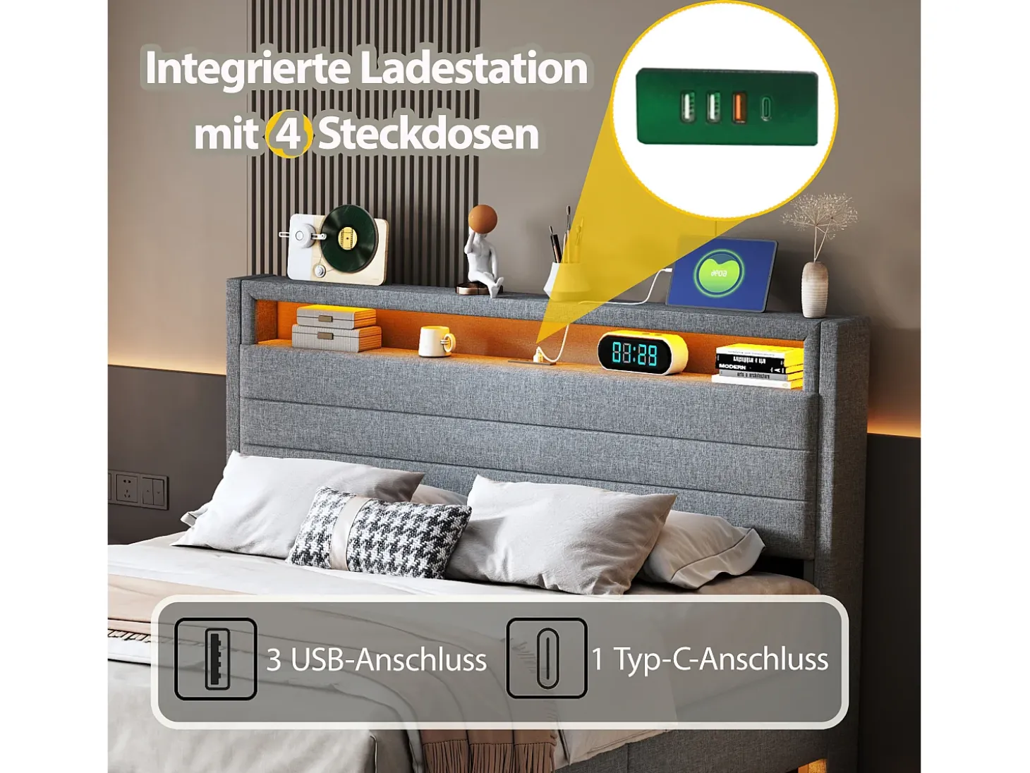 Cama estofada em linho 140x200 cm - com tomada USB e LED - Cinza