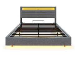 Cama estofada em linho 140x200 cm - com tomada USB e LED - Cinza