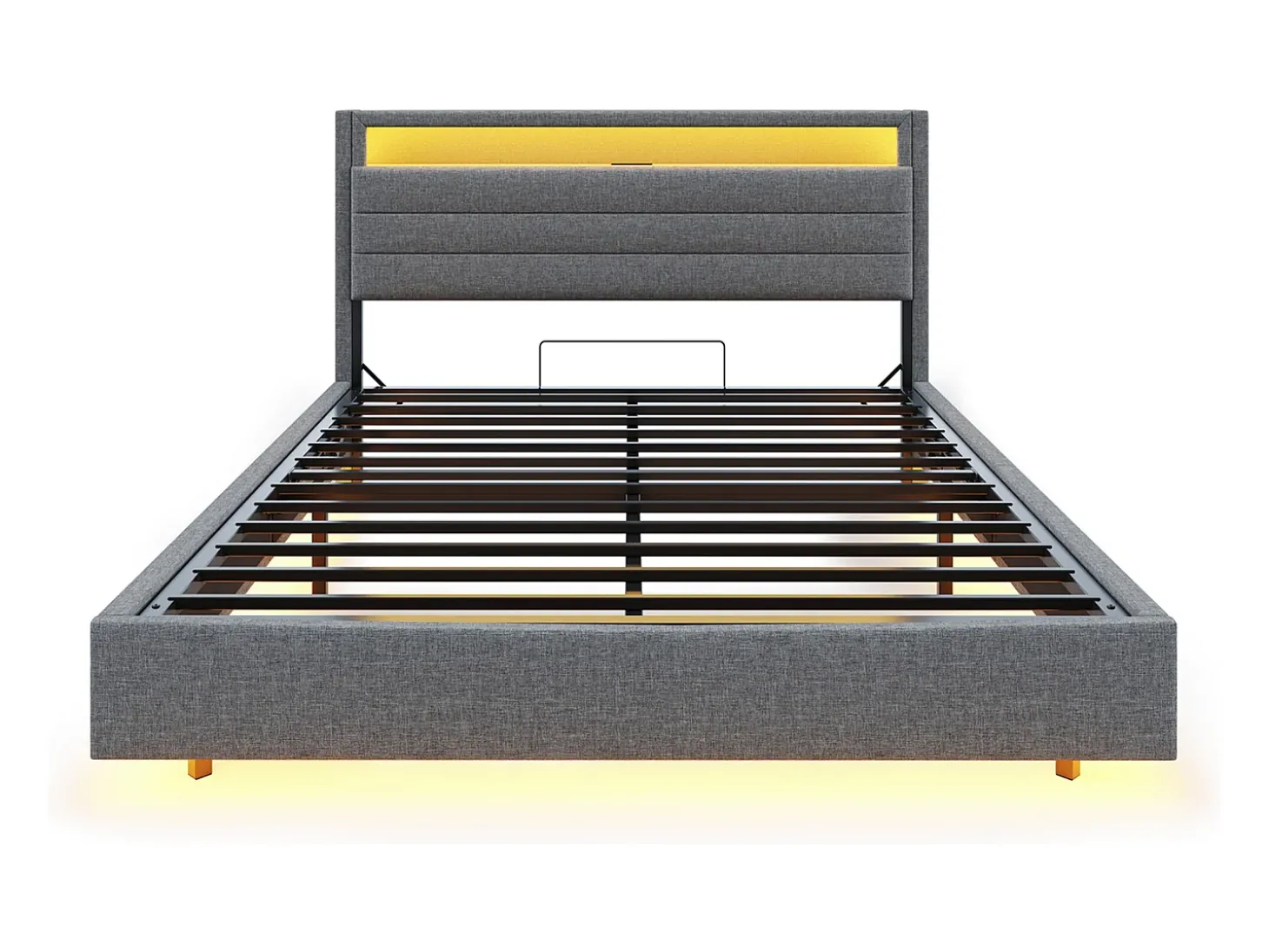 Cama estofada em linho 140x200 cm - com tomada USB e LED - Cinza