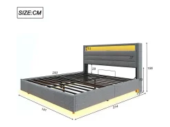 Cama estofada em linho 140x200 cm - com tomada USB e LED - Cinza