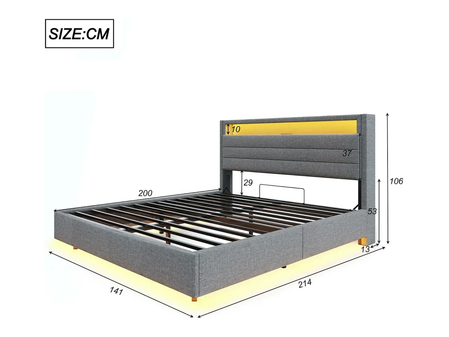 Cama estofada em linho 140x200 cm - com tomada USB e LED - Cinza